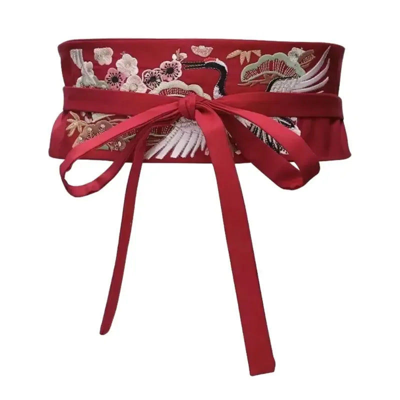 Ceinture Obi brodée, motif grue chinois